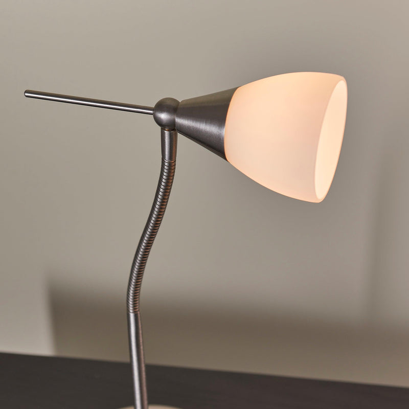 Endon Range Satin Chrome Finish & White Glass Table Lamp - Close Up Lit Shade