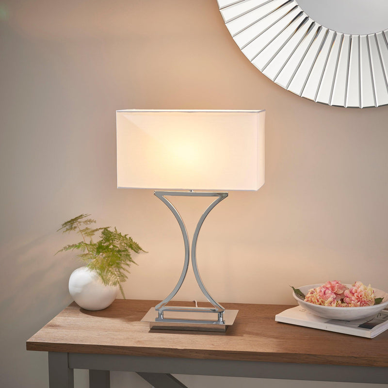 Endon Epalle Chrome Plate & White Cotton Mix Table Lamp-Endon Lighting-Living-Room-Tiffany Lighting Direct-[image-position]