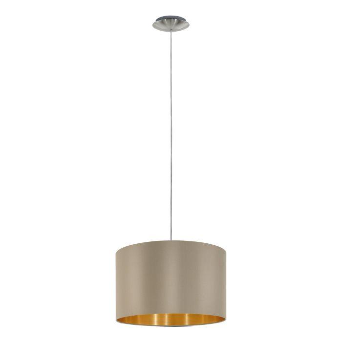 eglo maserlo nickel ceiling pendant with fabric taupe gold shade living room image
