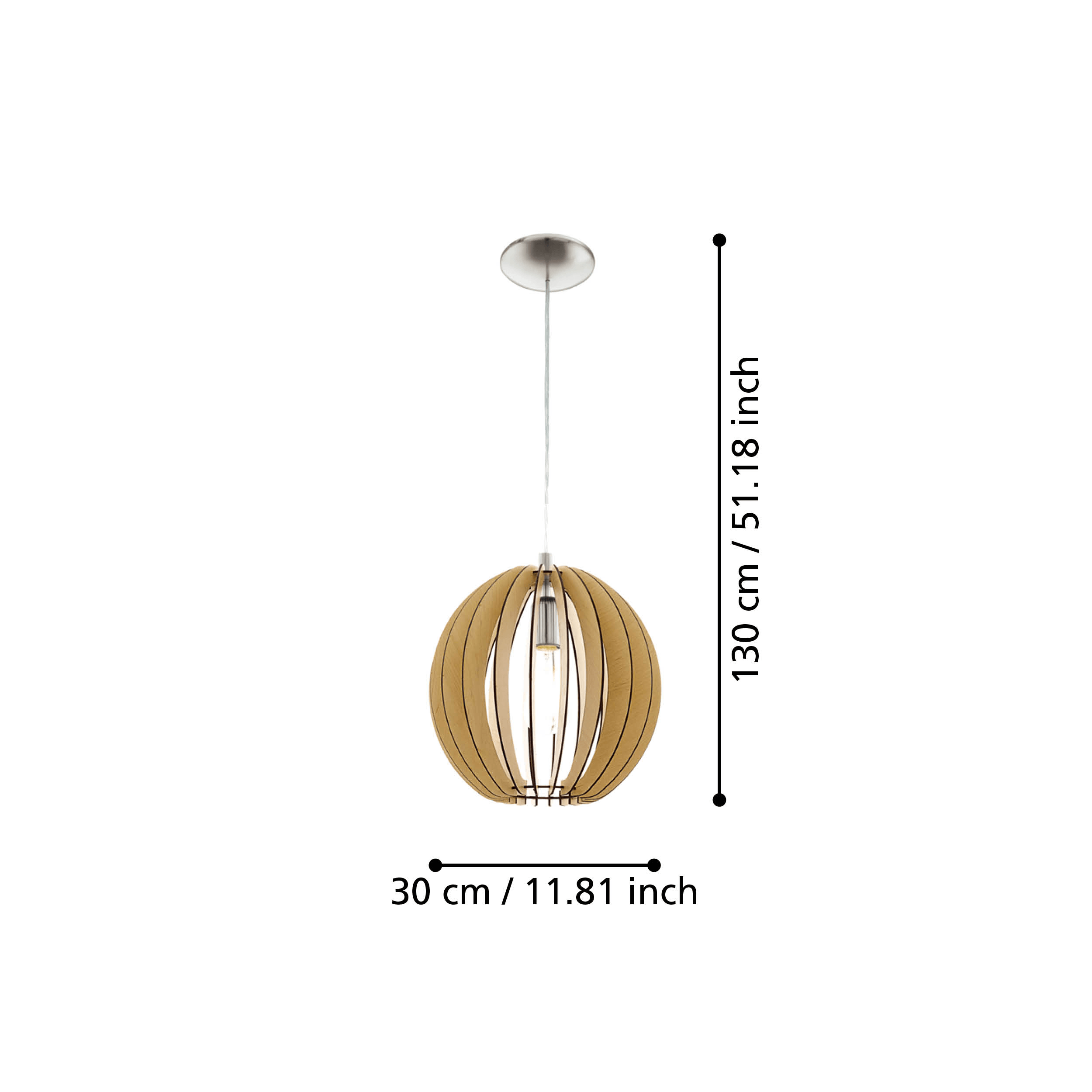 eglo cossano round light wood slat ceiling pendant 30cm living room close up