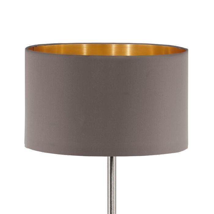 eglo maserlo nickel floor lamp with brown gold fabric shade living room close up