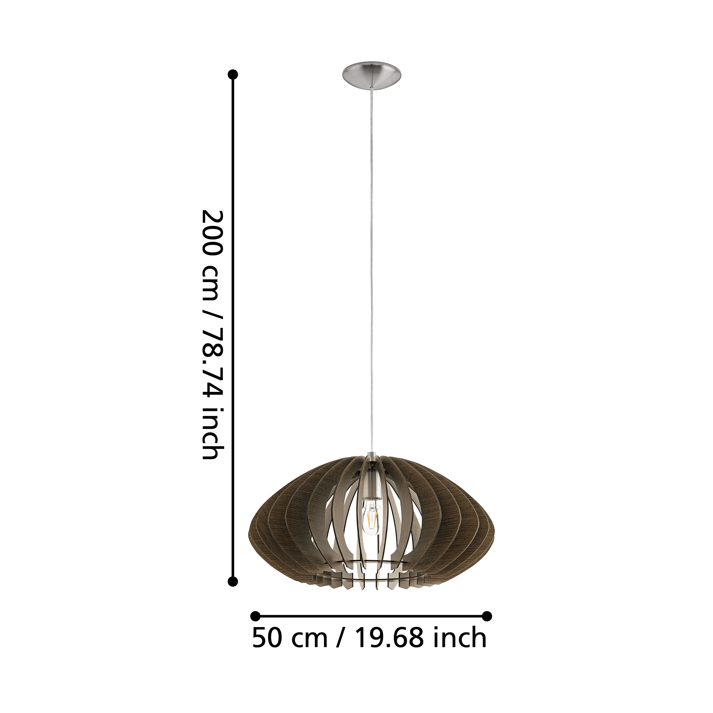 eglo cossano 2 rounded dark wood slat ceiling pendant living room close up