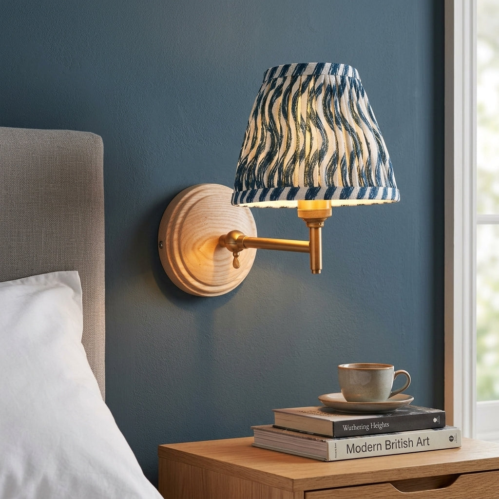 Wood Fold Wall Light & Ripple 16cm Marlin Blue Shade by Endon Lighting — suits living rooms, bedrooms & hallways