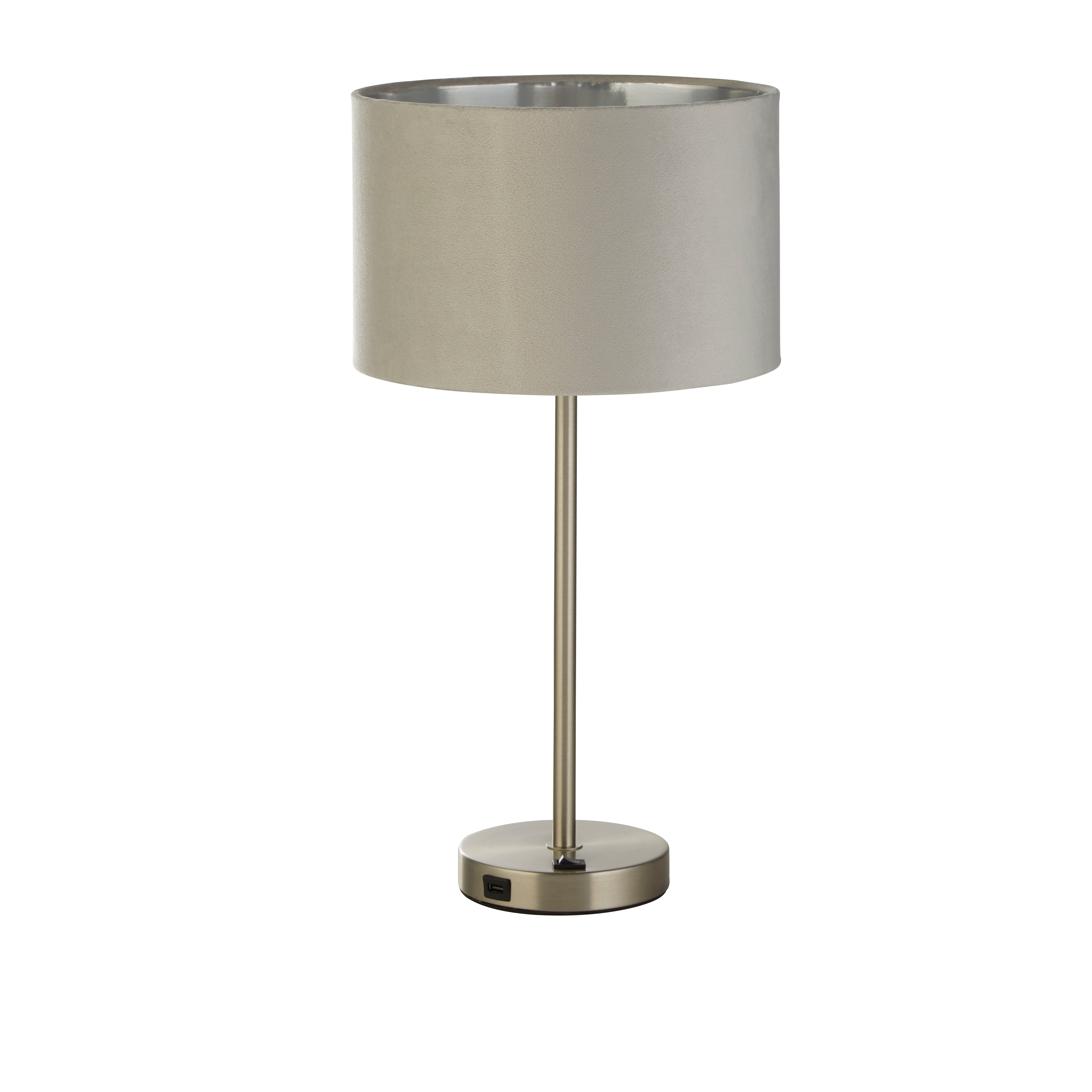 Finn USB Table Lamp - Satin Nickel Metal & Grey Velvet Shade