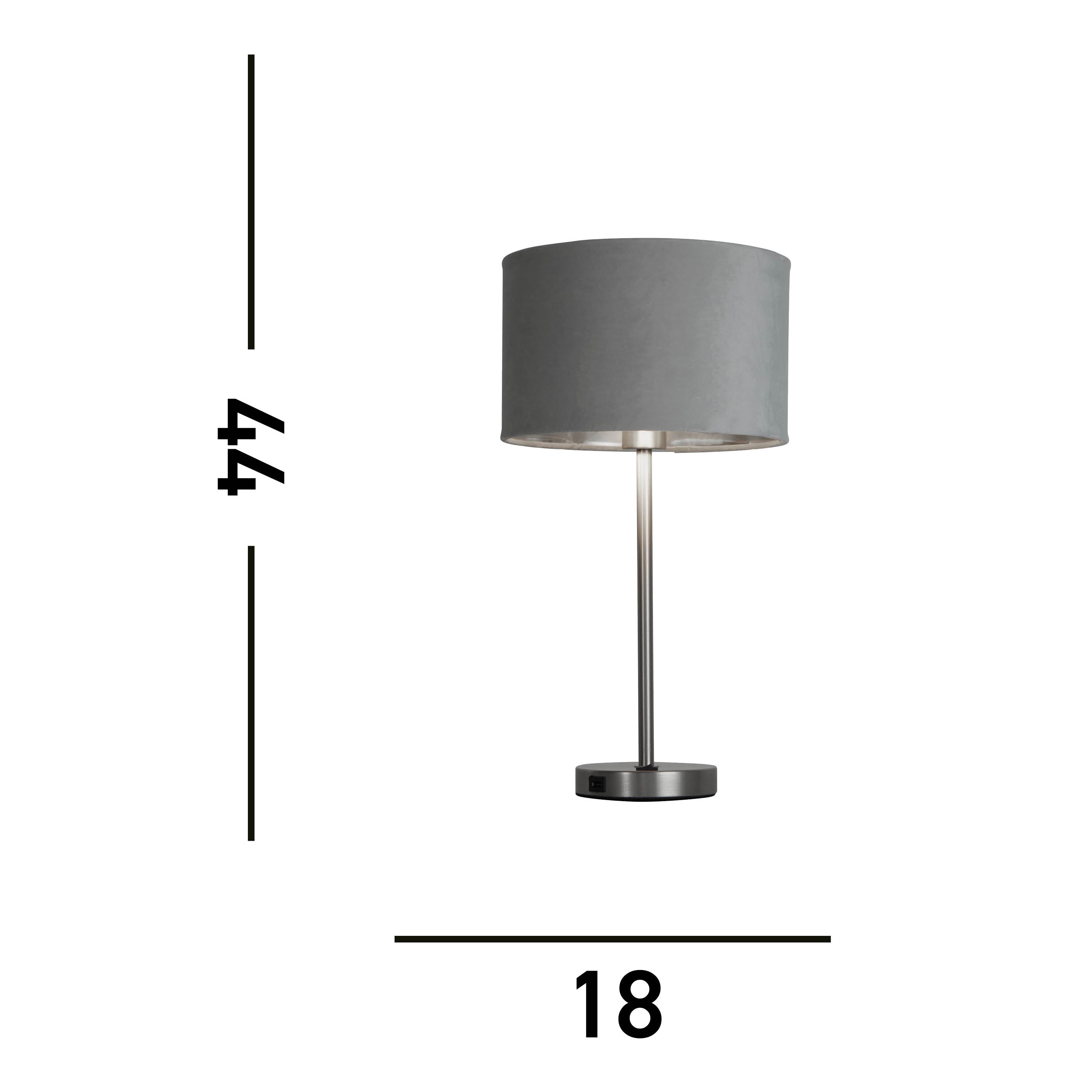 Finn USB Table Lamp - Satin Nickel Metal & Grey Velvet Shade