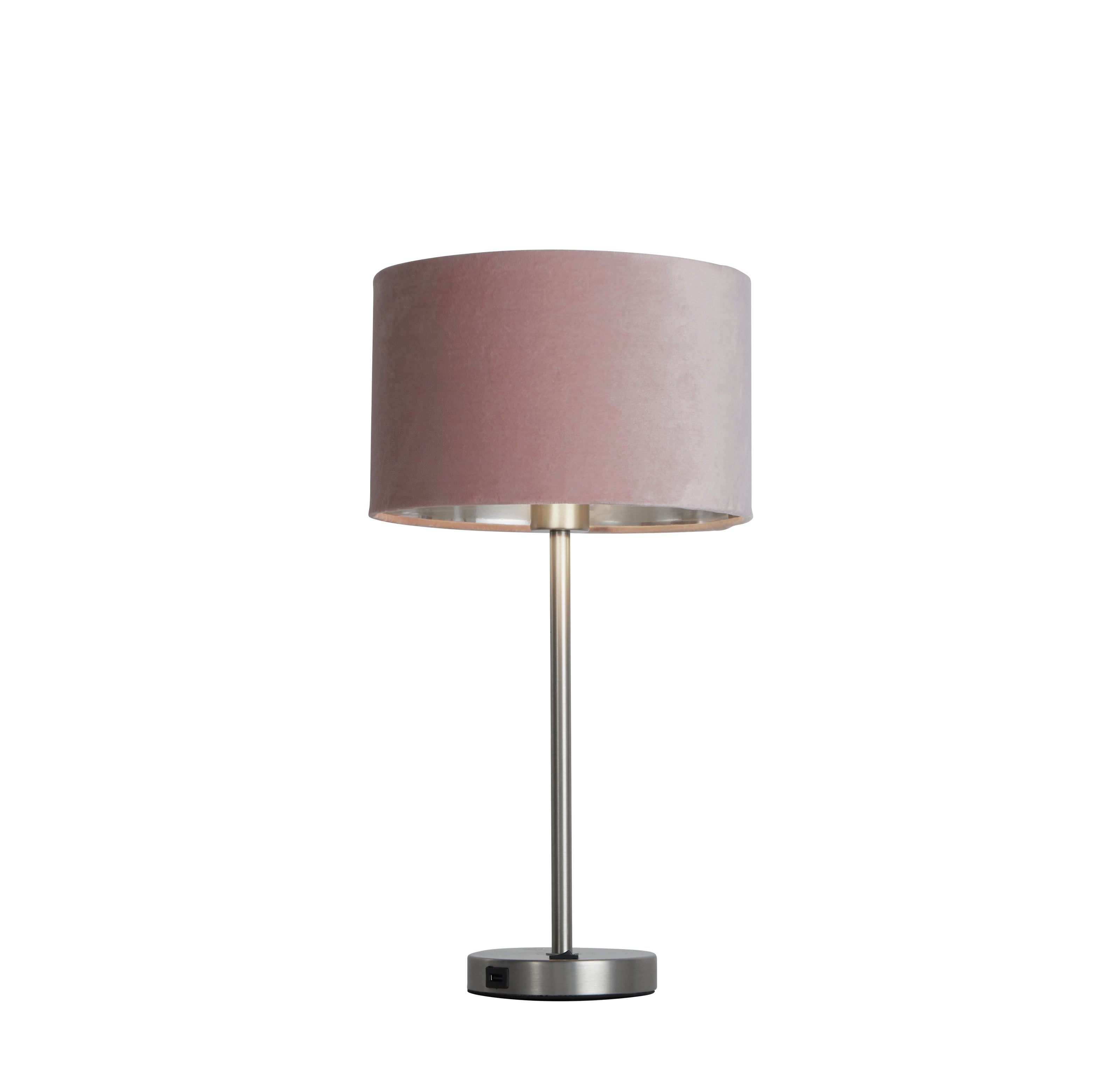 Finn USB Table Lamp - Satin Nickel Metal & Pink Velvet Shade