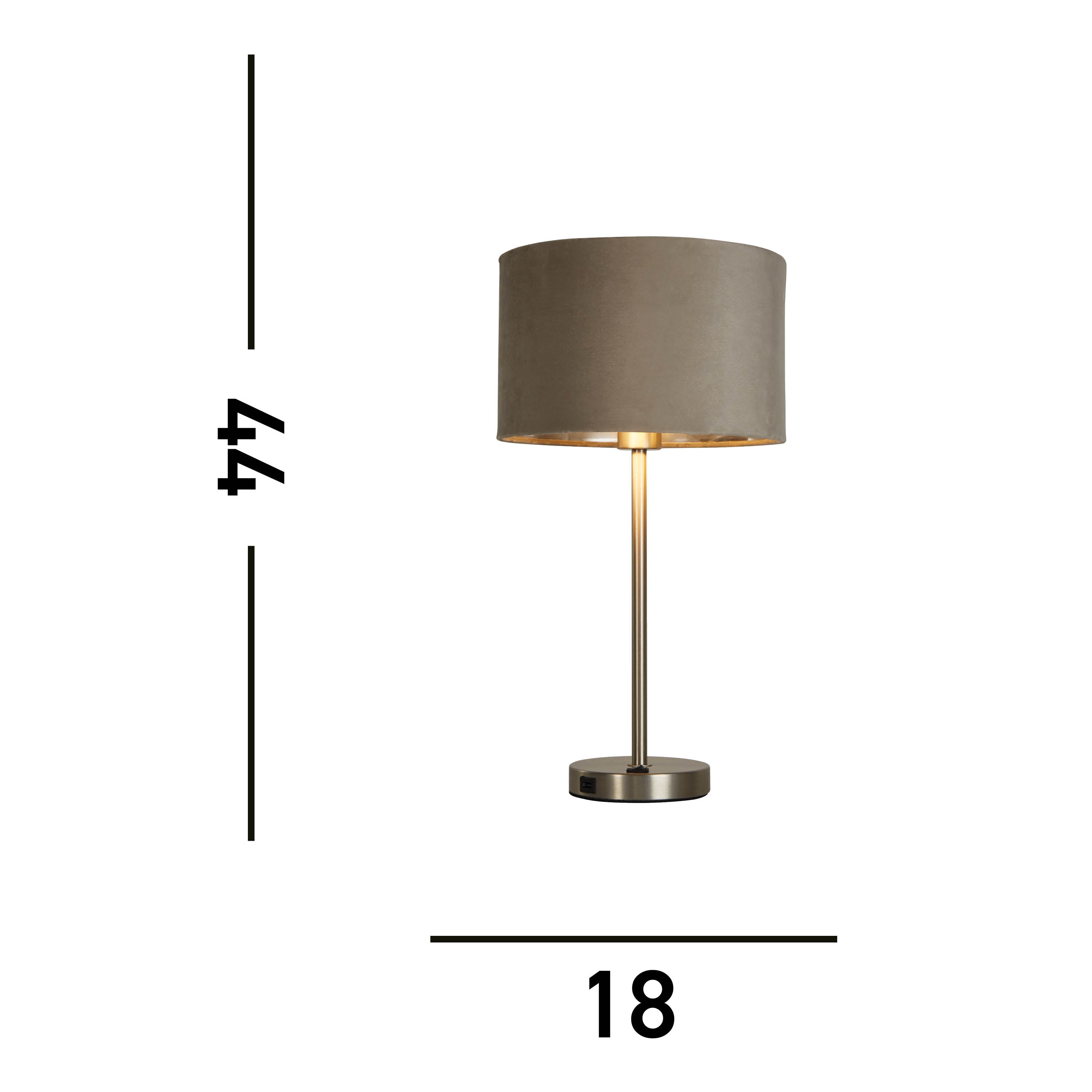 Finn USB Table Lamp -Satin Nickel Metal & Taupe Velvet Shade