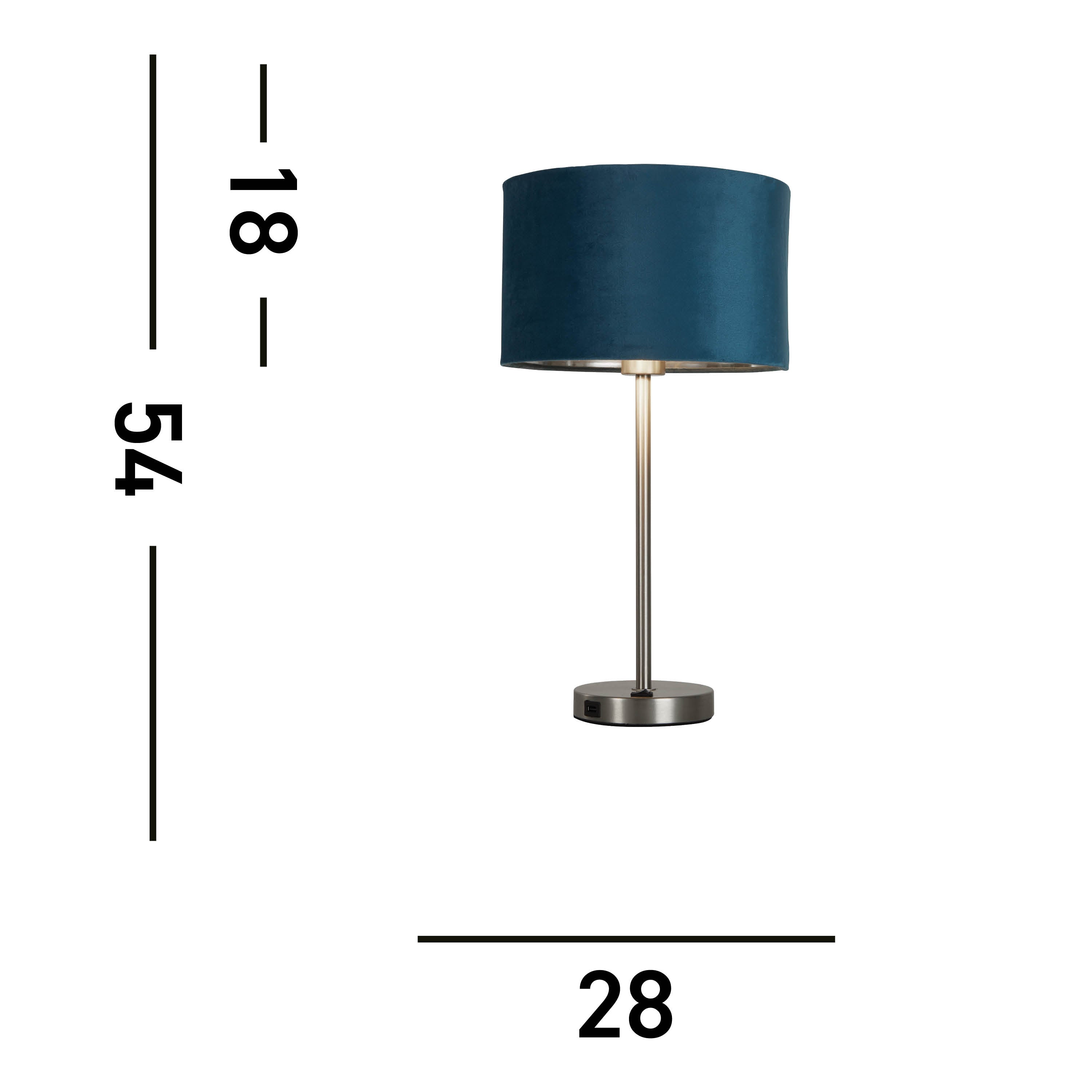 Finn USB Table Lamp - Satin Nickel Metal & Teal Velvet Shade
