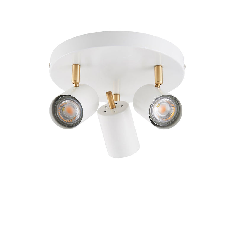 Endon Gull White & Brushed Brass 3 Light LED Spotlight - White Background, Lights off