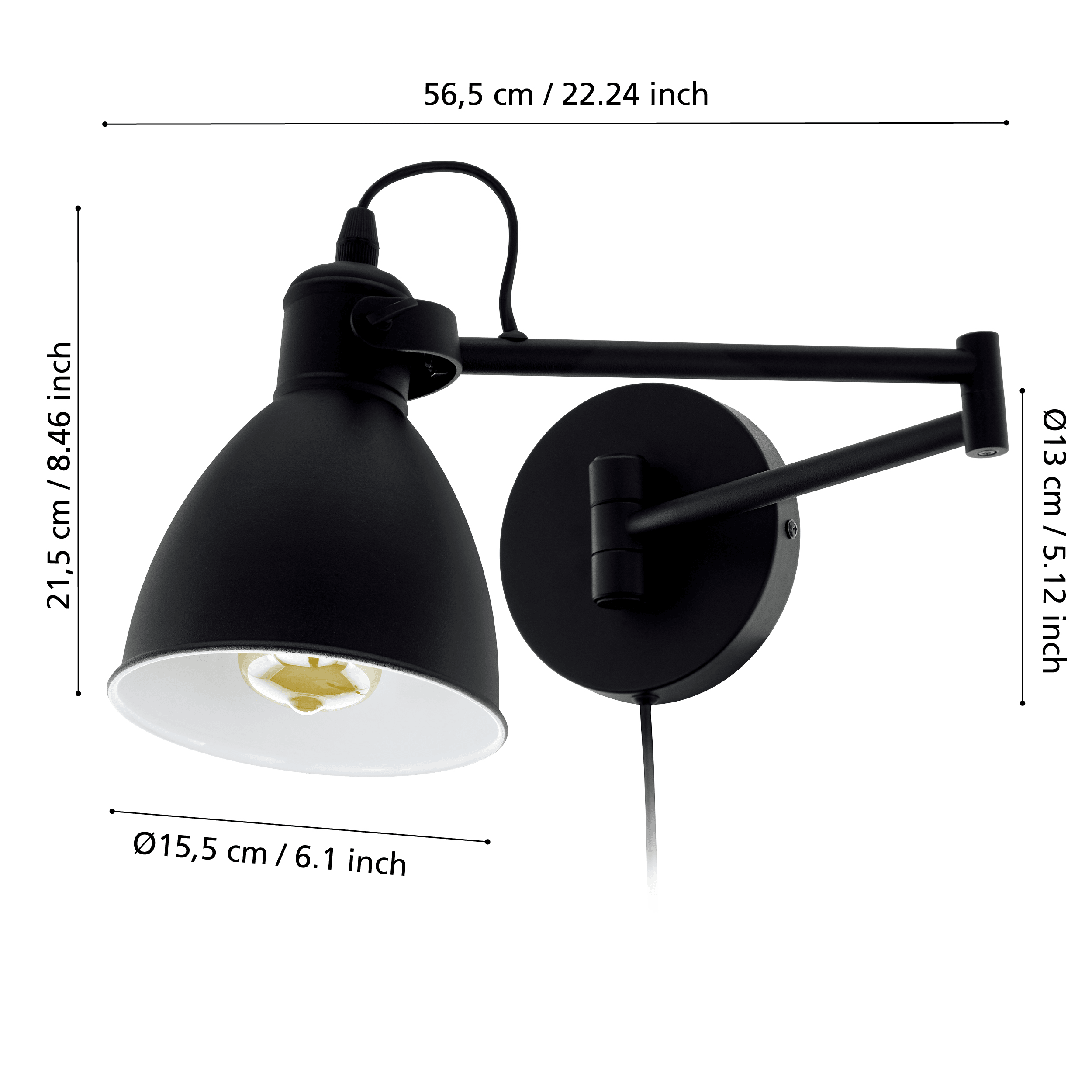 eglo san peri black swing arm wall light living room close up