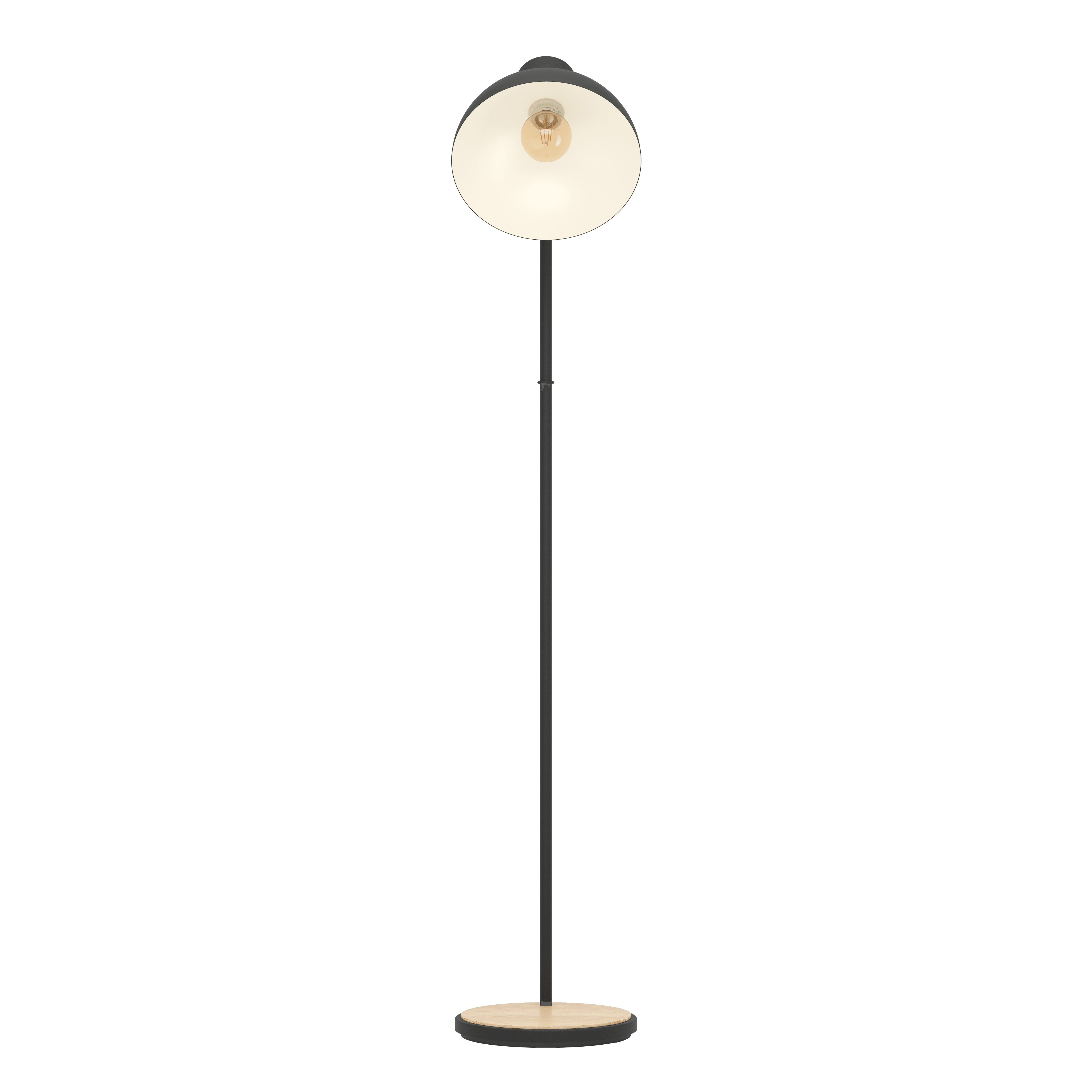 eglo lubenham black metal floor lamp with wooden base living room close up