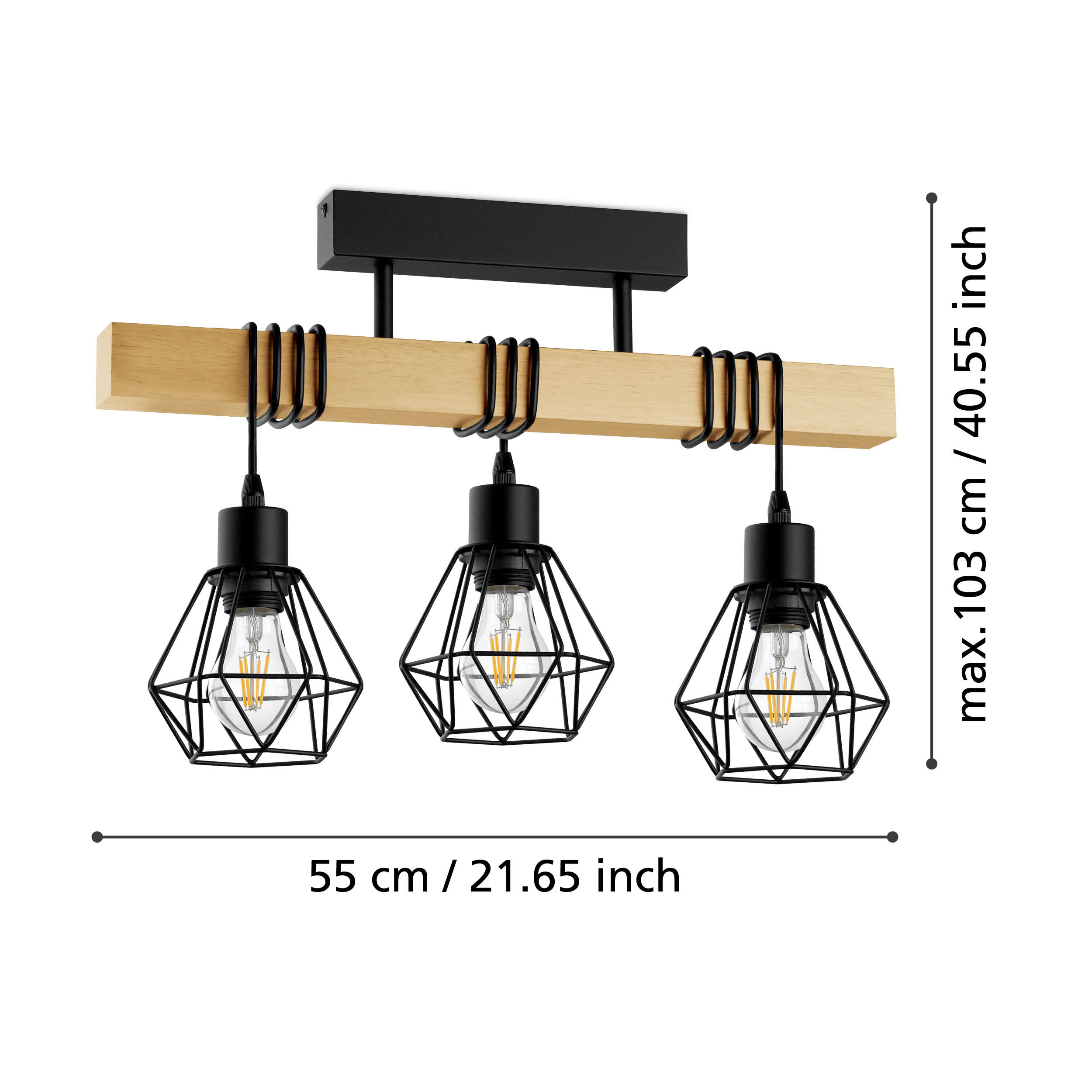 Eglo Townshend 5 Adjustable Black & Wooden Bar Pendant - 3 Light
