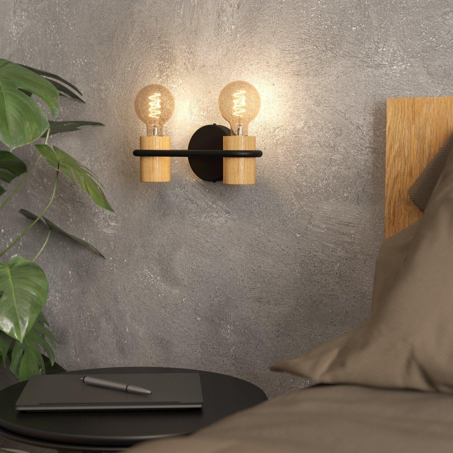 eglo chieveley 2 light black light wood wall light