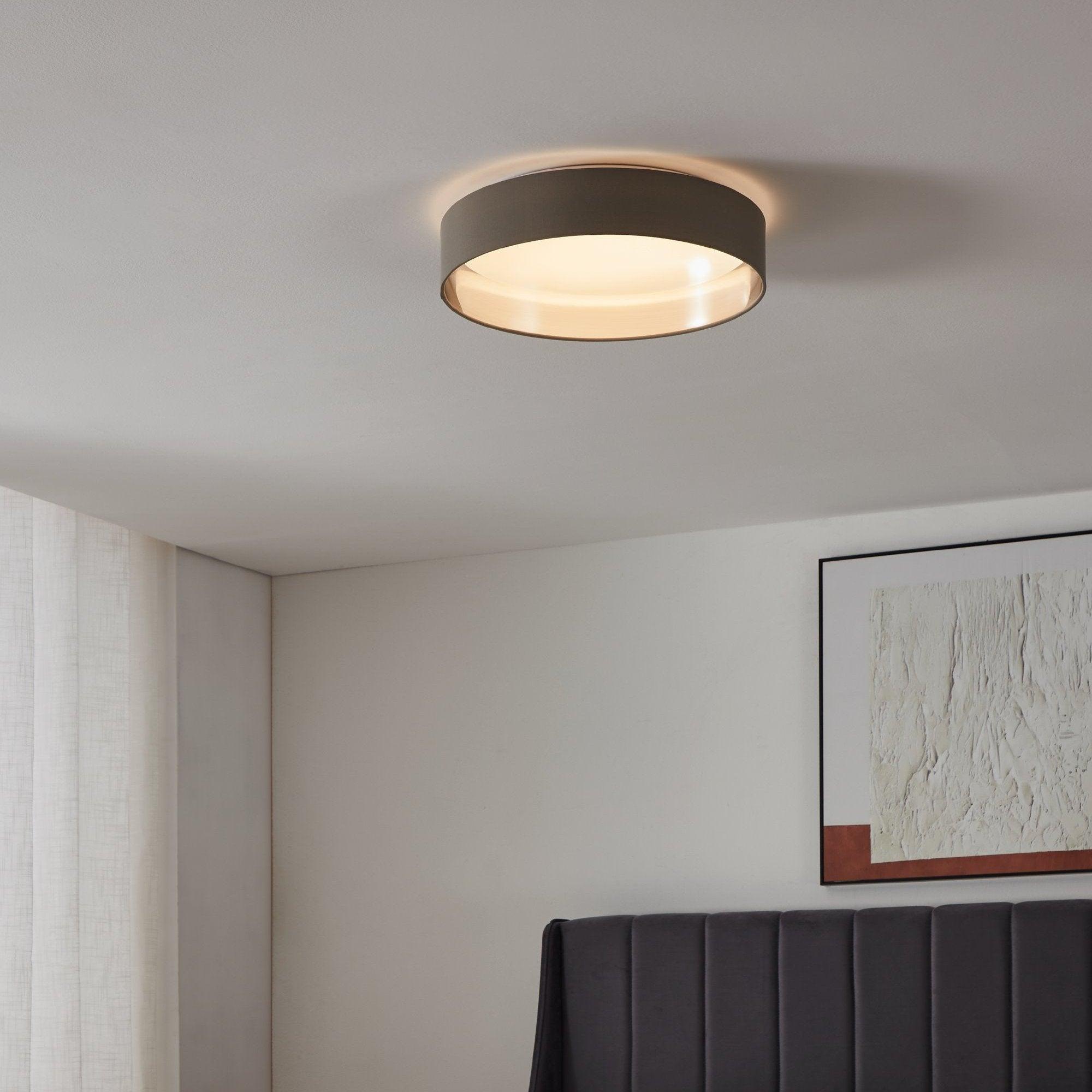 eglo maserlo 2 round grey silver fabric flush ceiling light