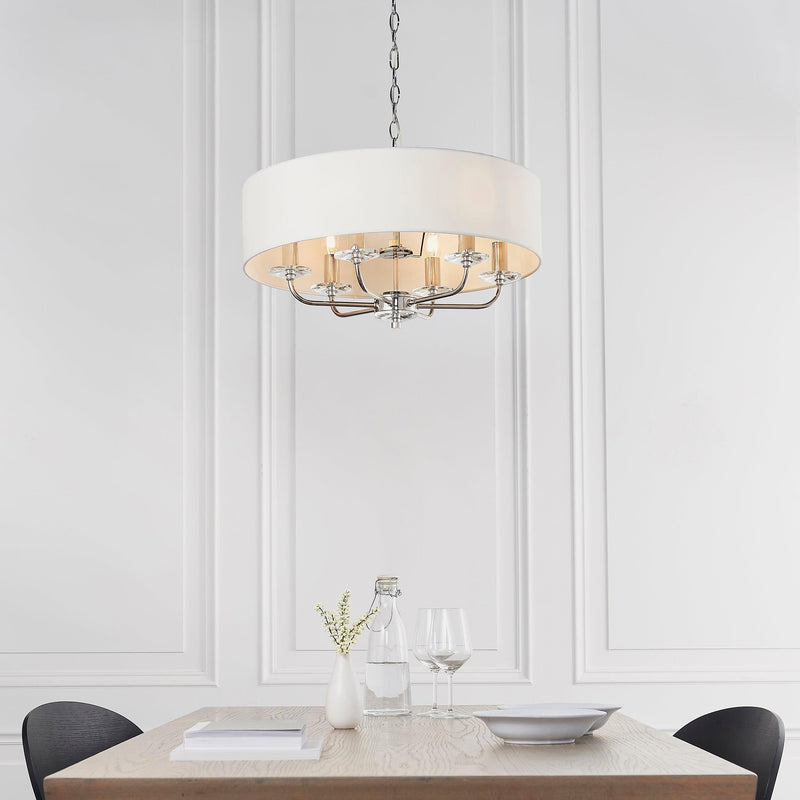 Endon Nixon 6 Arm Bright Nickel Pendant Ceiling Light 60179  Lifestyle - Ceiling Pendant Above Dining Room Table