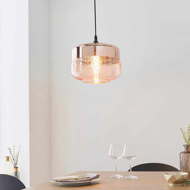 Willis 1Light Tinted Cognac & Copper Glass Ceiling Pendant Ceiling 60182 - Lifestyle, above Kitchen Table