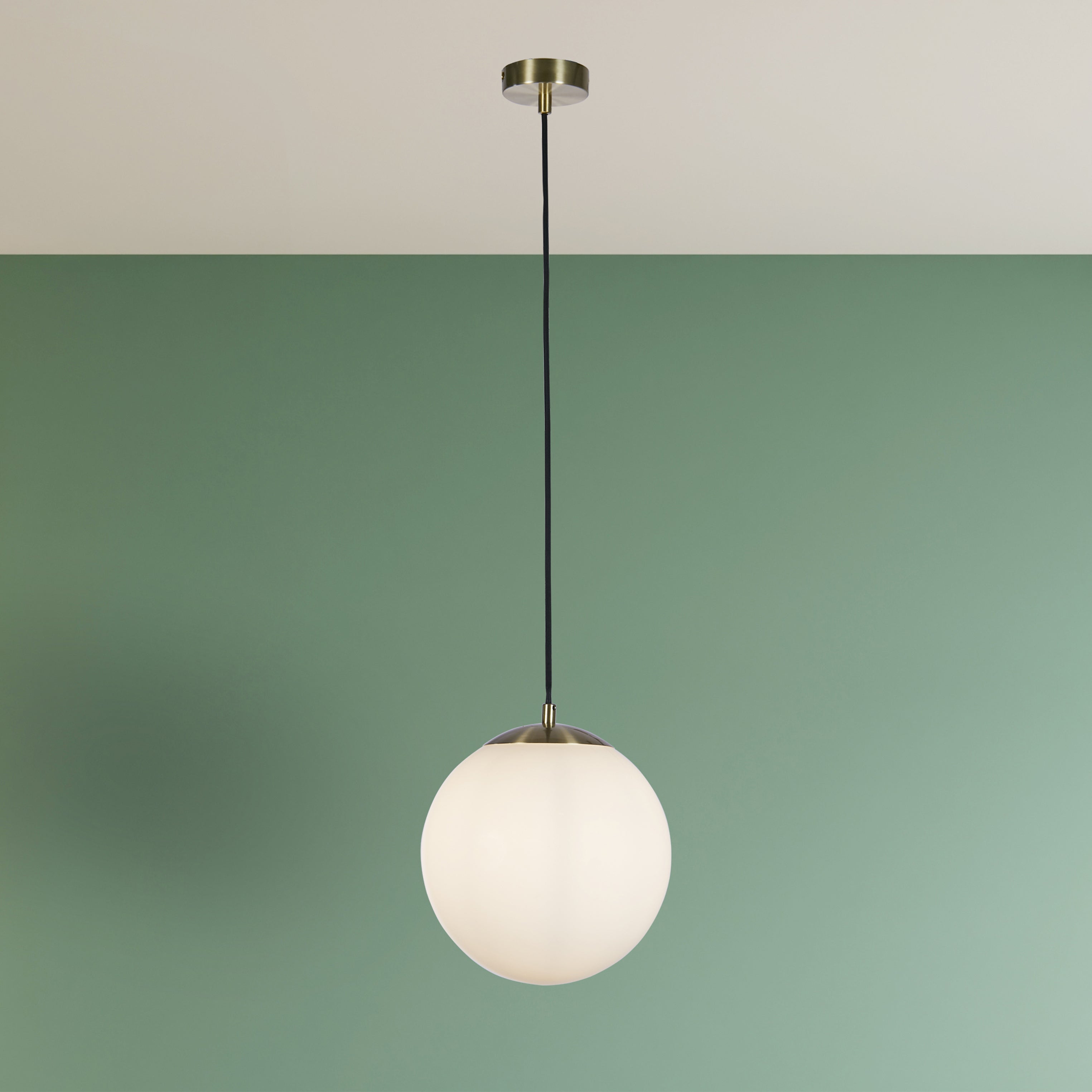 Searchlight Atom II Brass Pendant - Opal Glass Globe Shade - 30cm