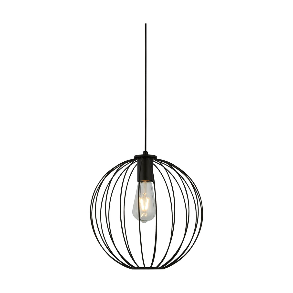 Rondo pendant lit, black wire cage globe frame around an exposed filament bulb