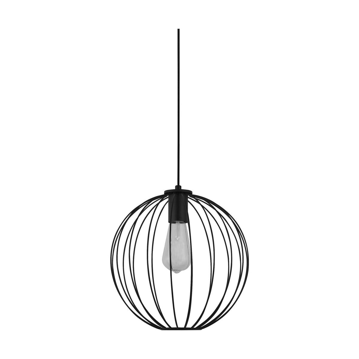 Rondo black metal wire globe pendant unlit on white with adjustable cage frame