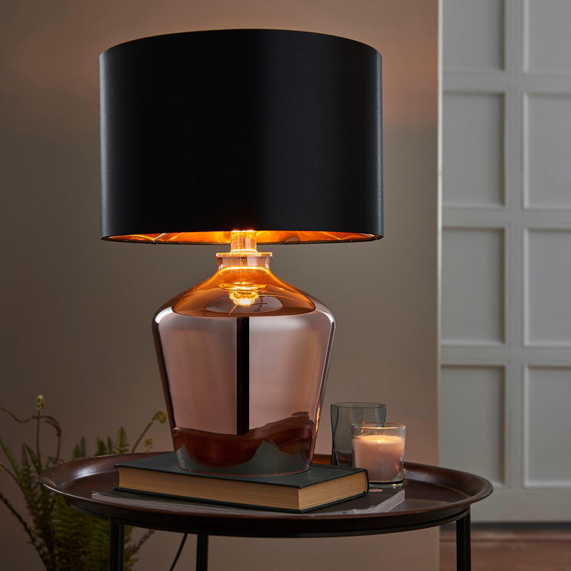 Endon Waldorf Copper Glass & Black Faux Silk Table Lamp 61149 - side table, bulb lit