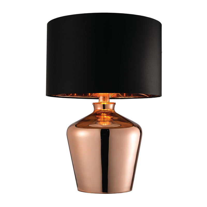 Endon Waldorf Copper Glass & Black Faux Silk Table Lamp - bulb lit