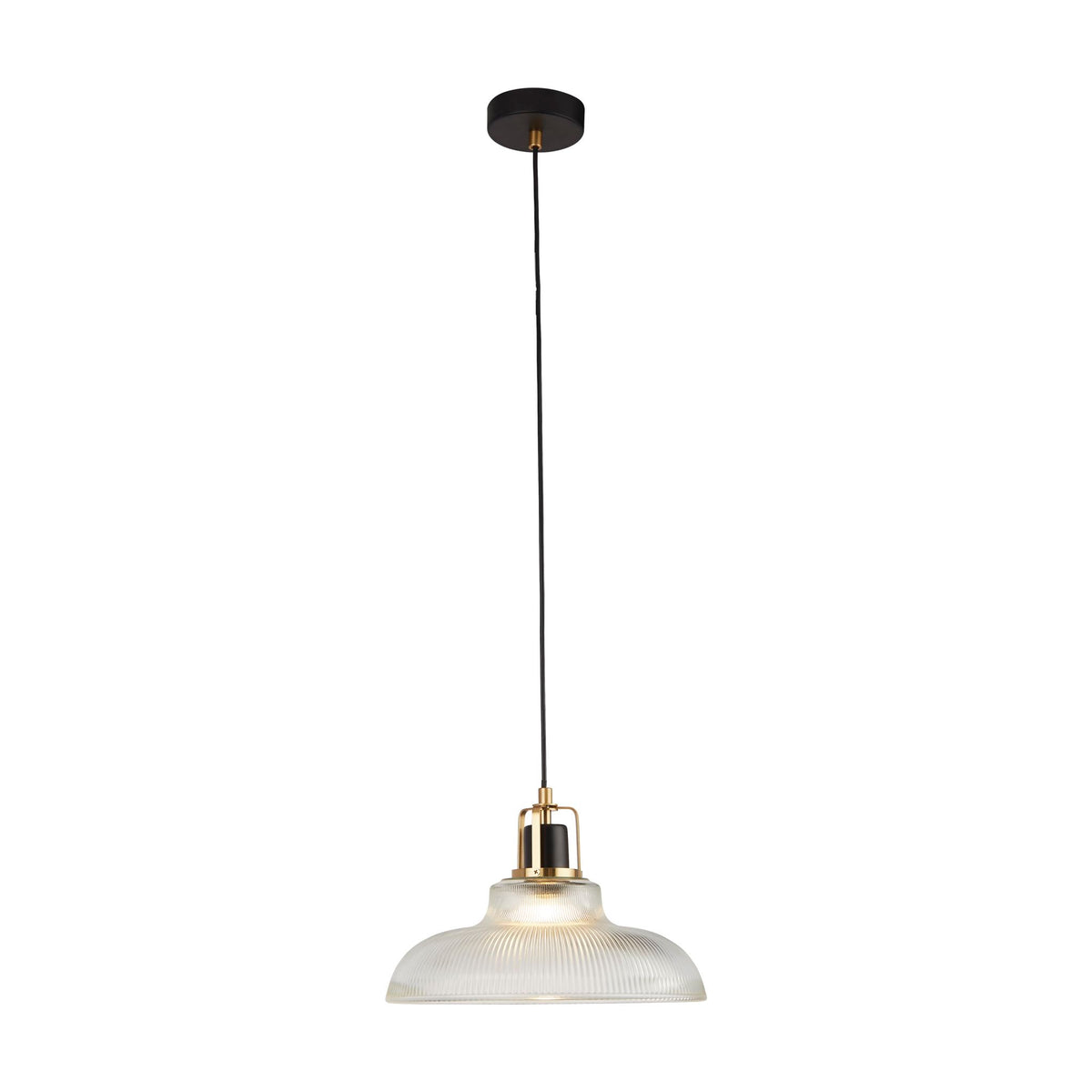 Glossop glass pendant lit with a wide ribbed prismatic glass shade and brass lamp holder