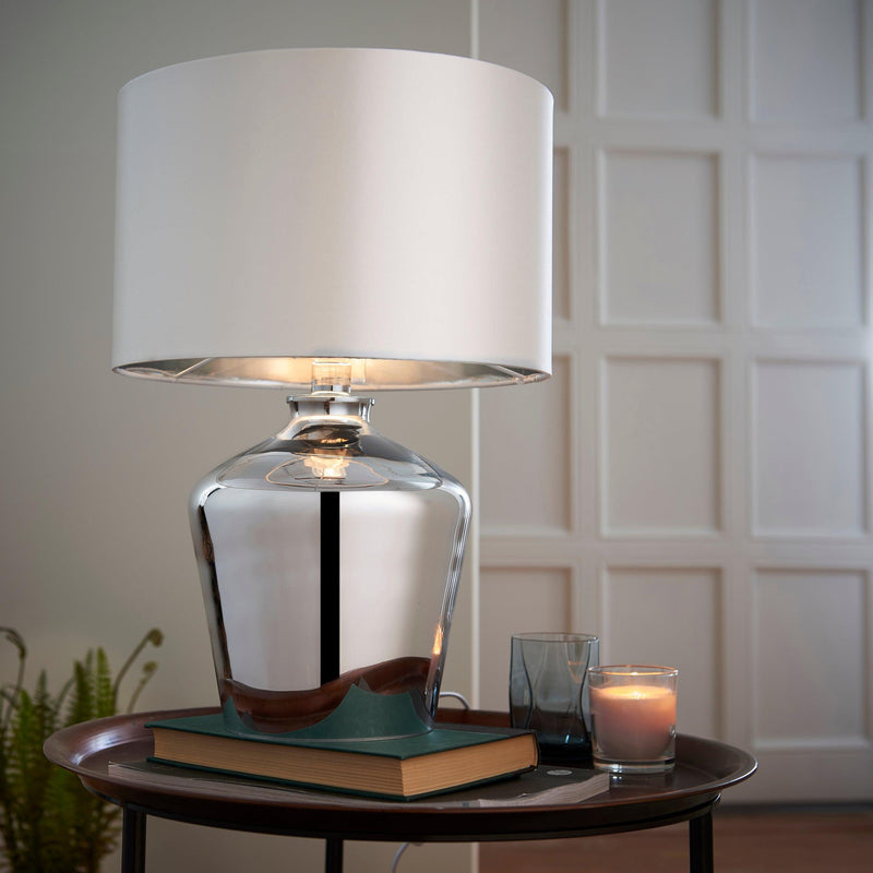Endon Waldorf 1 Light Chrome Glass Table Lamp - Ivory Shade 61198 - lit on a side table