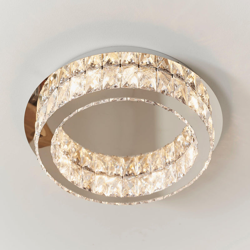 Swayze Chrome Plate & Clear Faceted Acrylic 1 Light Flush 61340 - fixed to the ceiling, lit up