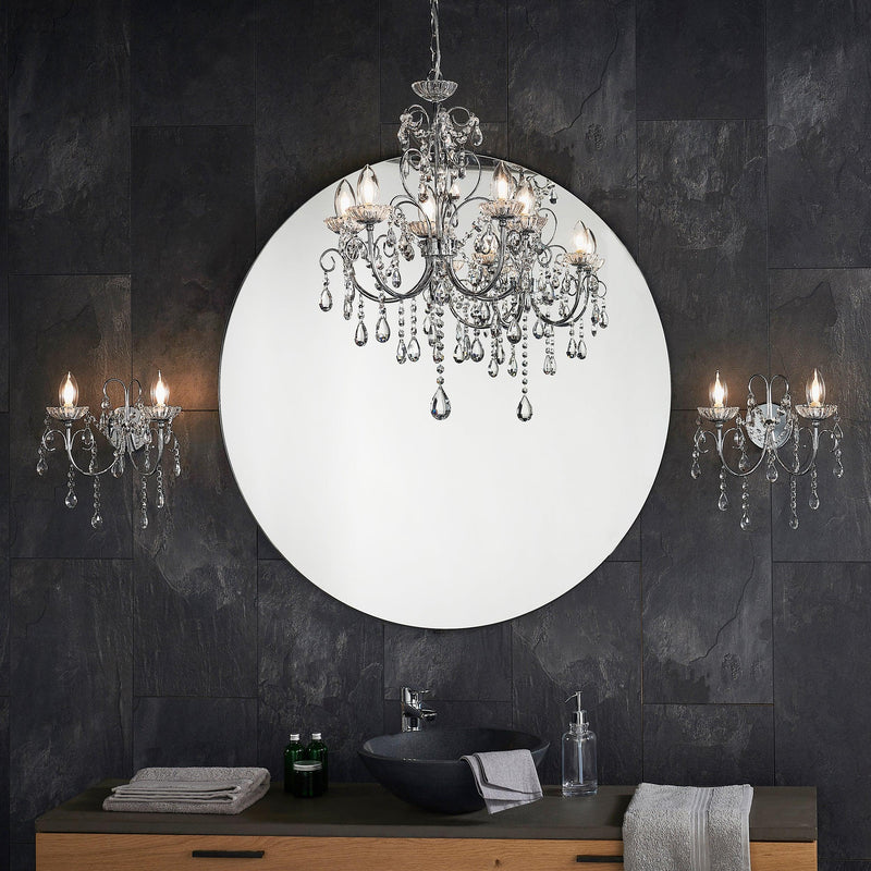 Tabitha Crystal Glass & Chrome 5 Light Bathroom Ceiling Light 61384 - paired with maching wall lights in front of bathroom mirror