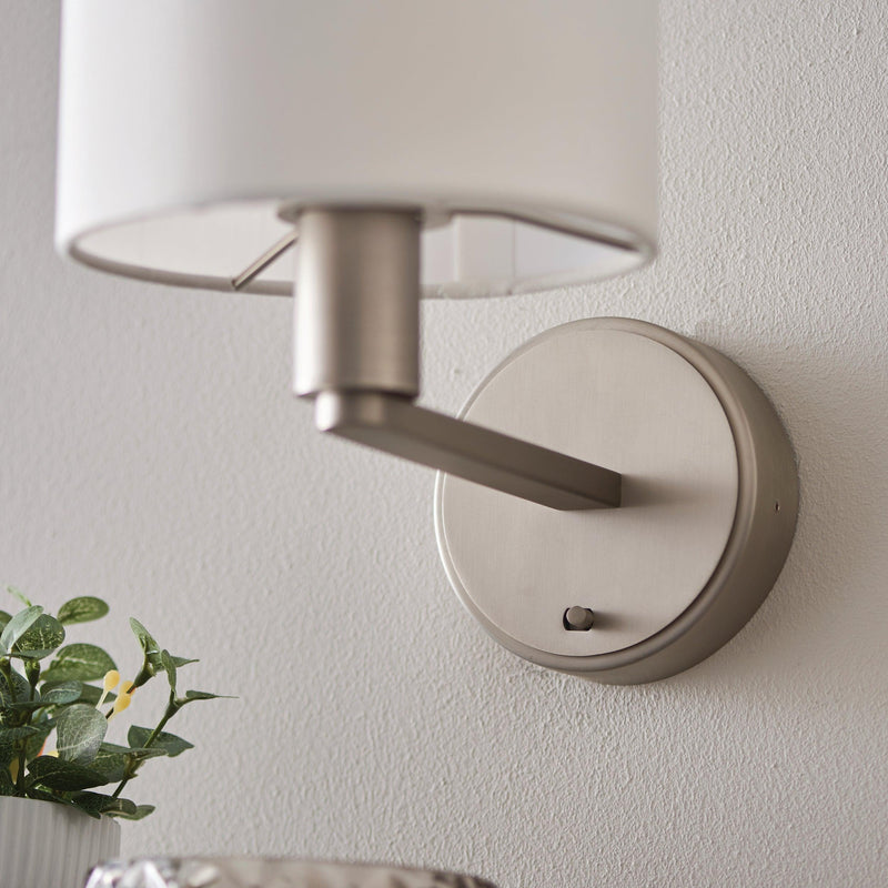 Endon Daley 1 Light Matt Nickel Wall Light - White Shade 61608 - Zoomed in Showing switch