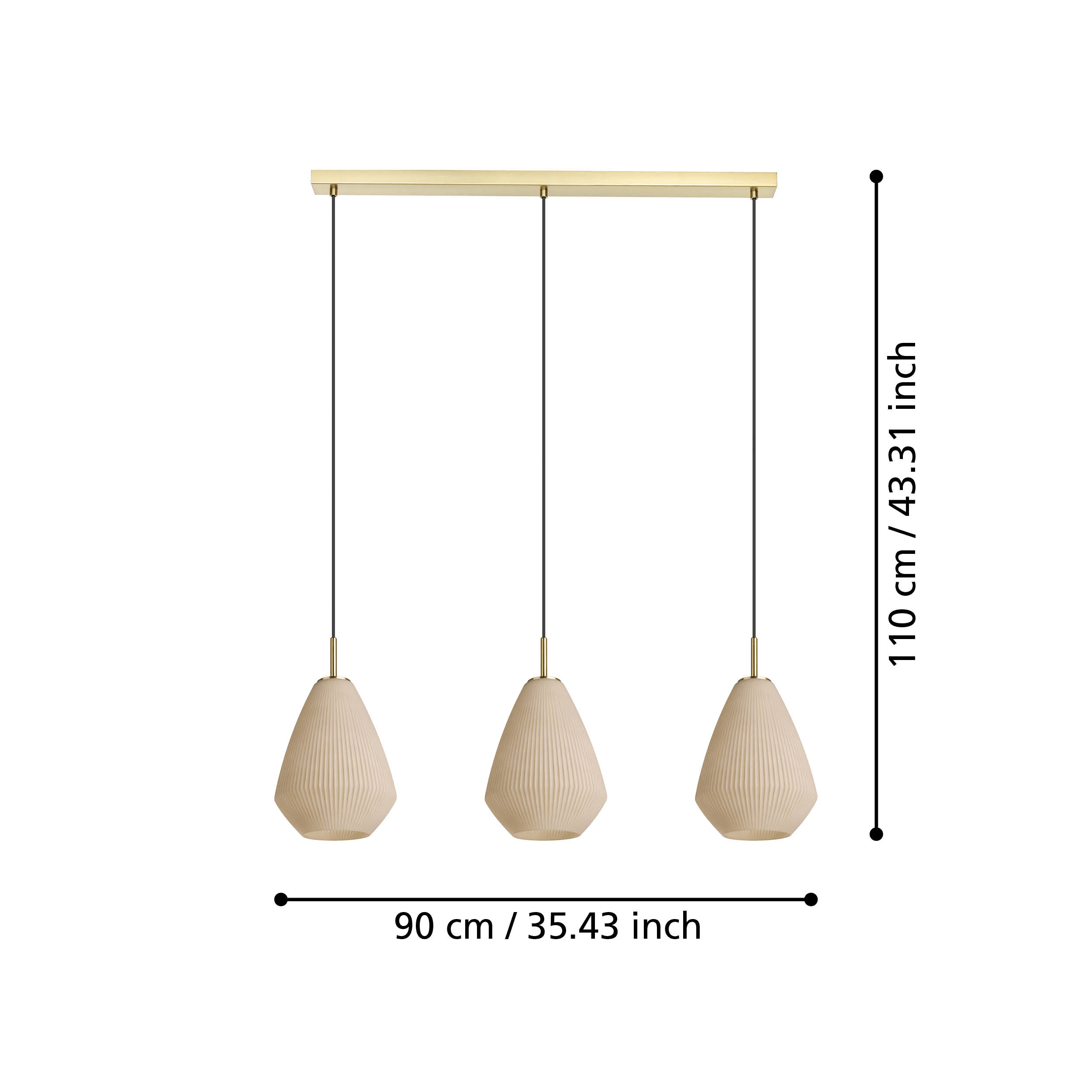 eglo caprarola 3 light conical sand glass brass pendant living room close up