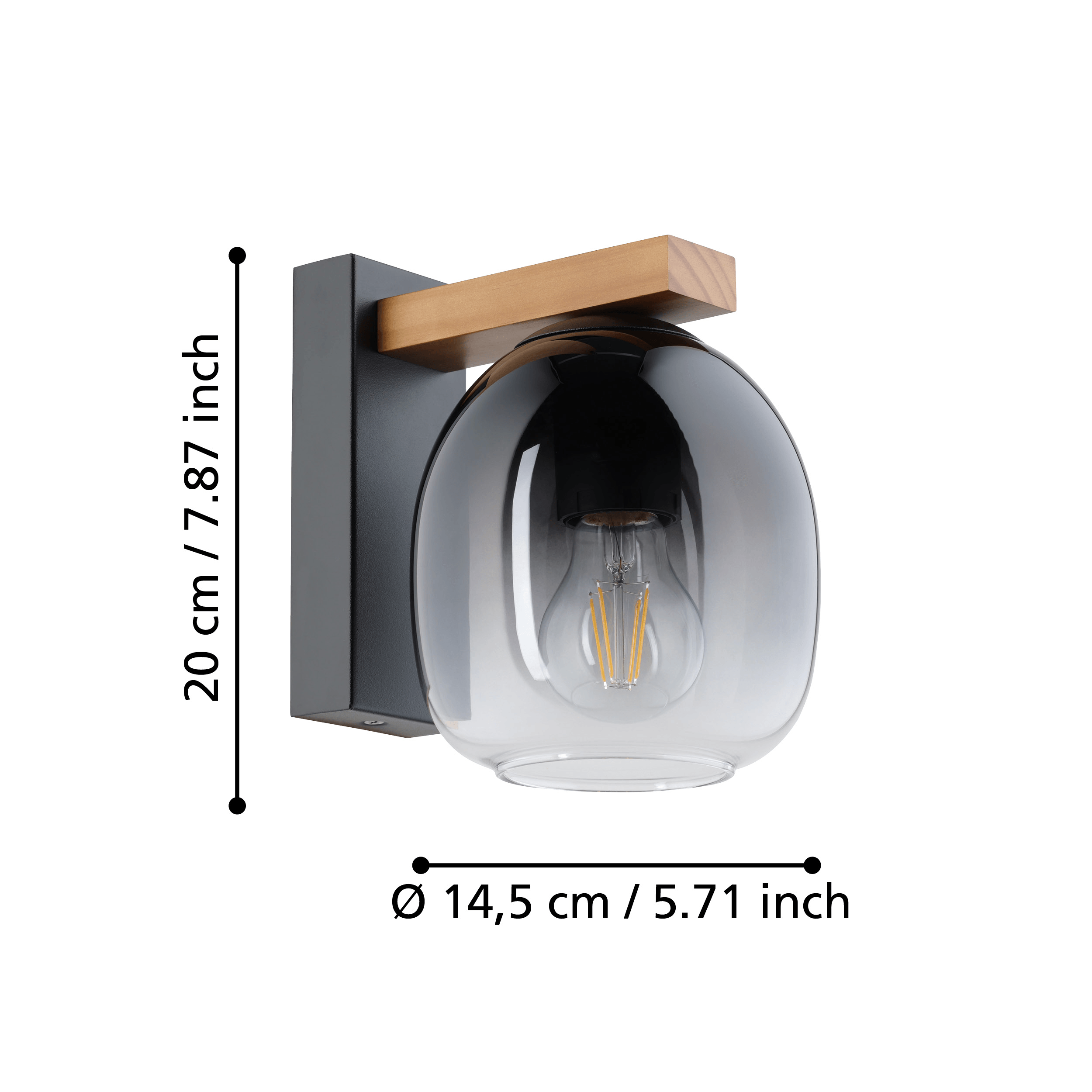 eglo filago black wood wall light glass shade living room close up