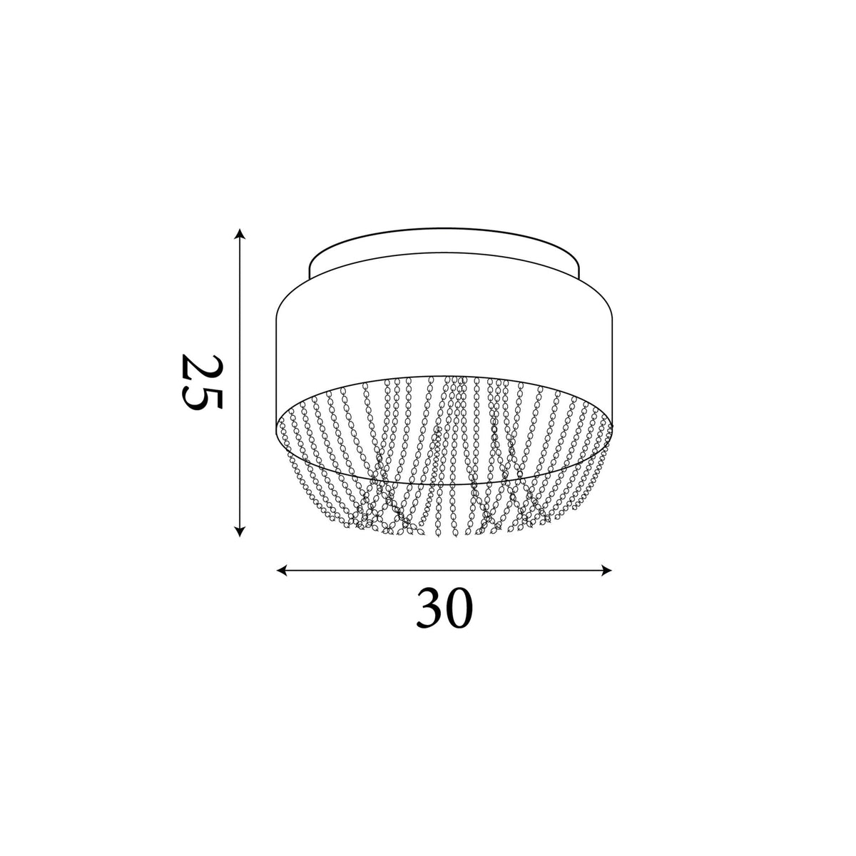 Dimension diagram of the Bellano, Chrome & White, Flush Ceiling Light - Clear Beads with height and width in cm.