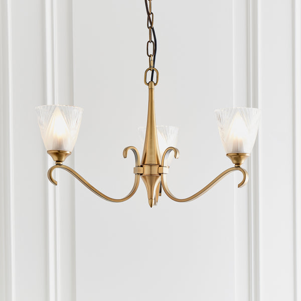 Columbia 3 Antique Brass Chandelier - Feather Glass Shades-Interiors 1900-1-Tiffany Lighting Direct