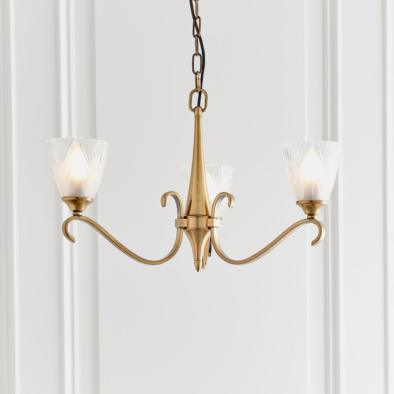 Columbia 3 Antique Brass Chandelier - Feather Glass Shades