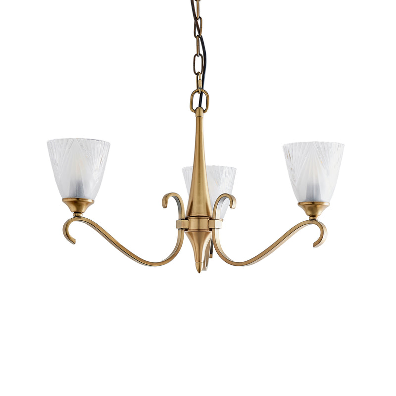 Columbia 3 Antique Brass Chandelier - Feather Glass Shades