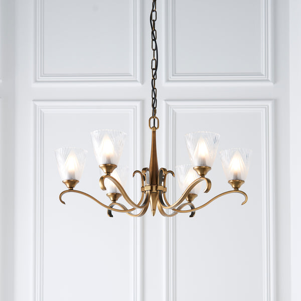 Columbia 6 Light Antique Brass Chandelier - Art Deco Shades
