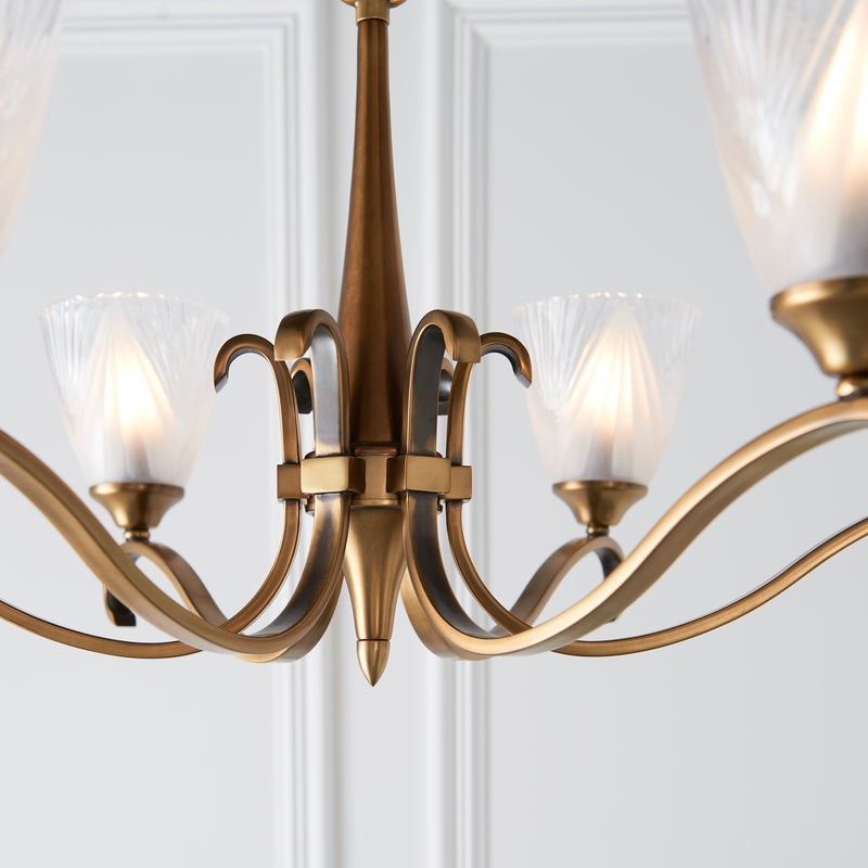 Columbia 6 Light Antique Brass Chandelier - Art Deco Shades