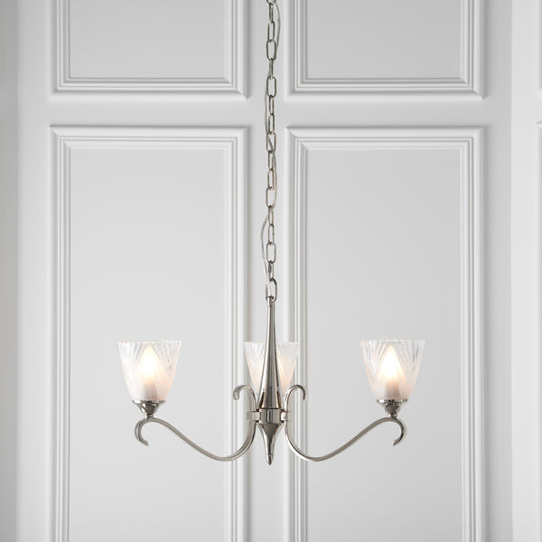 Columbia 3 Light Nickel Chandelier - Feather Glass Shades-Interiors 1900-1-Tiffany Lighting Direct