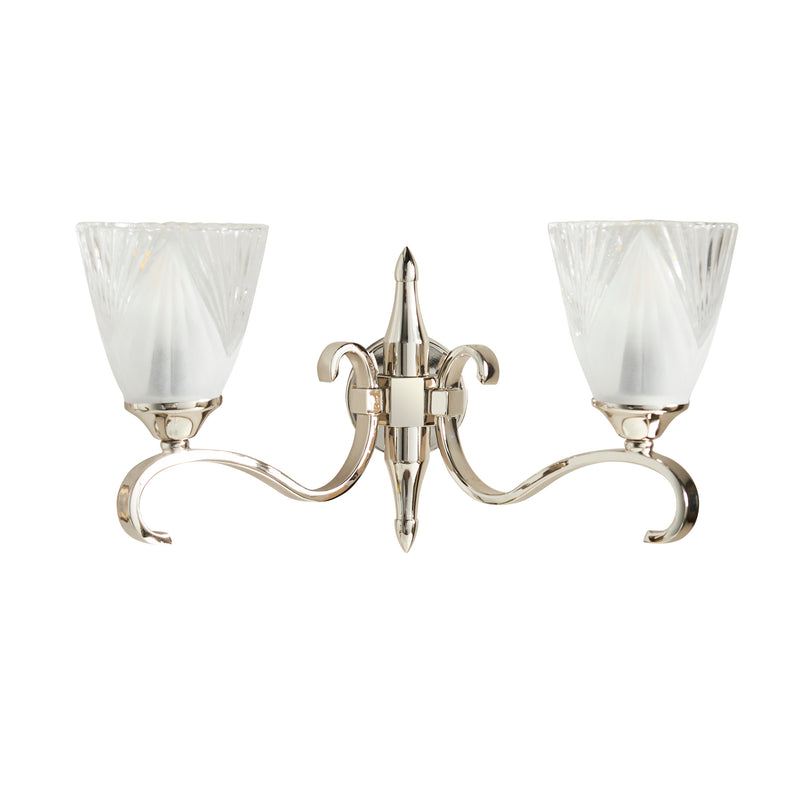 Columbia Polished Nickel Twin Wall Light - Feather Glass Shades
