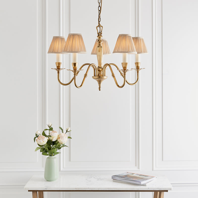 Asquith Solid Brass 5 Light Chandelier With Beige Shades-Interiors 1900-7-Tiffany Lighting Direct