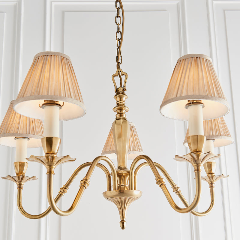Asquith Solid Brass 5 Light Chandelier With Beige Shades-Interiors 1900-8-Tiffany Lighting Direct
