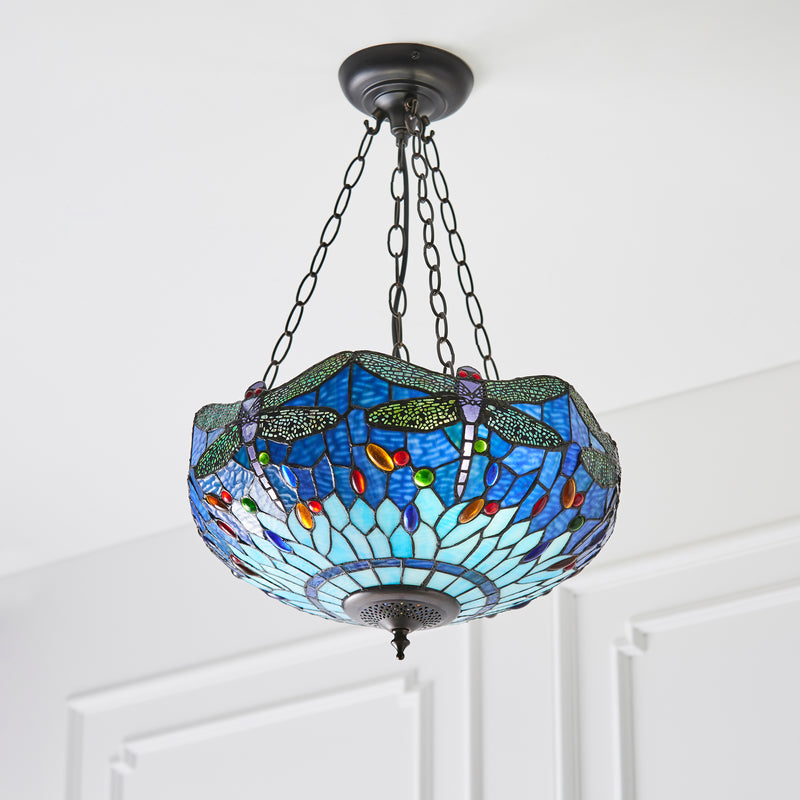 Blue Dragonfly Large Tiffany Inverted Tiffany Ceiling Light
