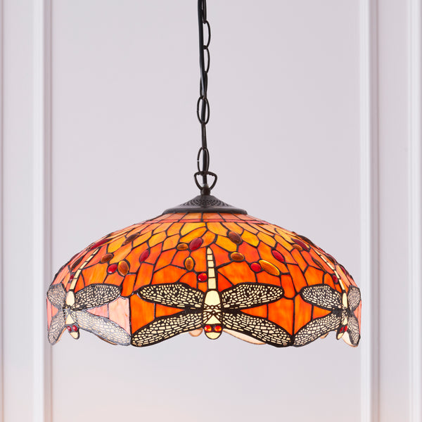 Flame Dragonfly Medium Tiffany Ceiling Light, 1 Bulb Fitting
