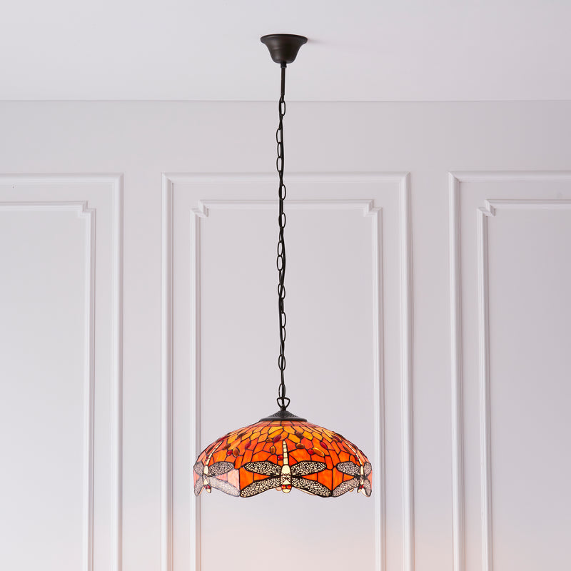Flame Dragonfly Medium Tiffany Ceiling Light, 1 Bulb Fitting