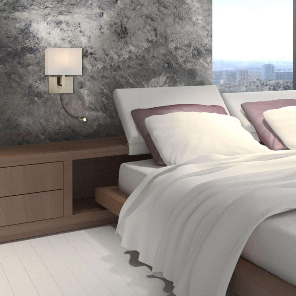 Hotel 2 Light Brass Wall Light - LED Flexi Arm - White Shade-OB-180926