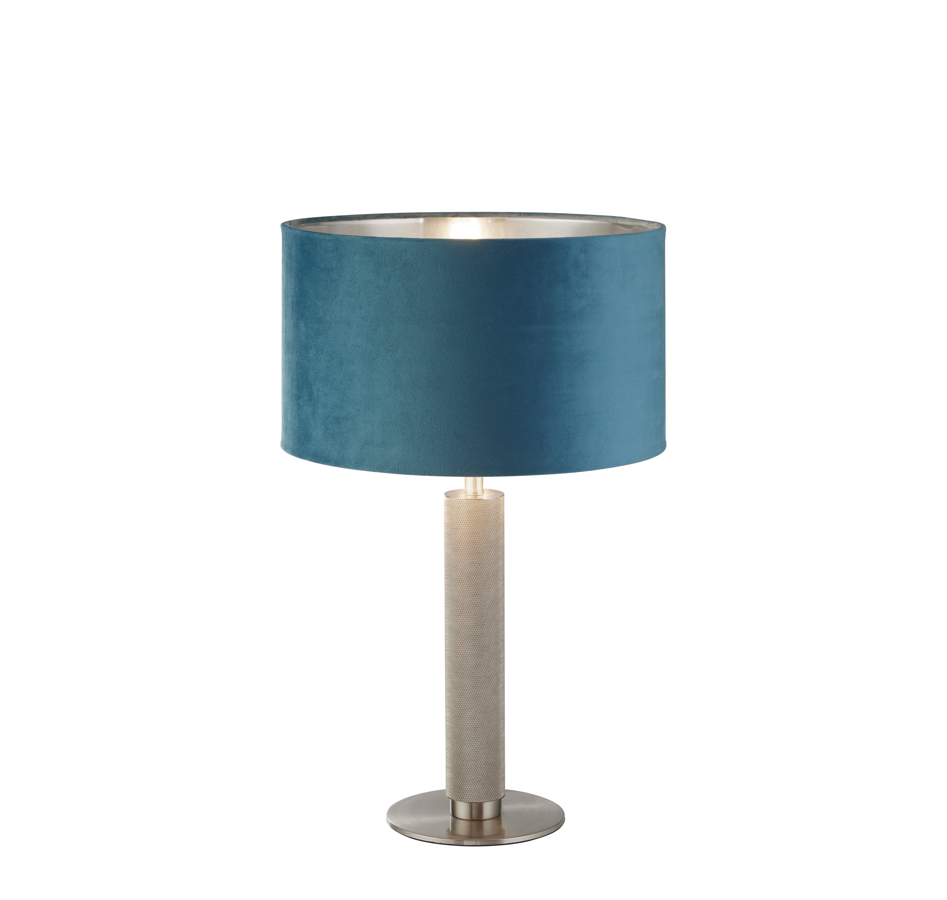 London Table Lamp - Knurled Satin Silver & Teal Velvet Shade