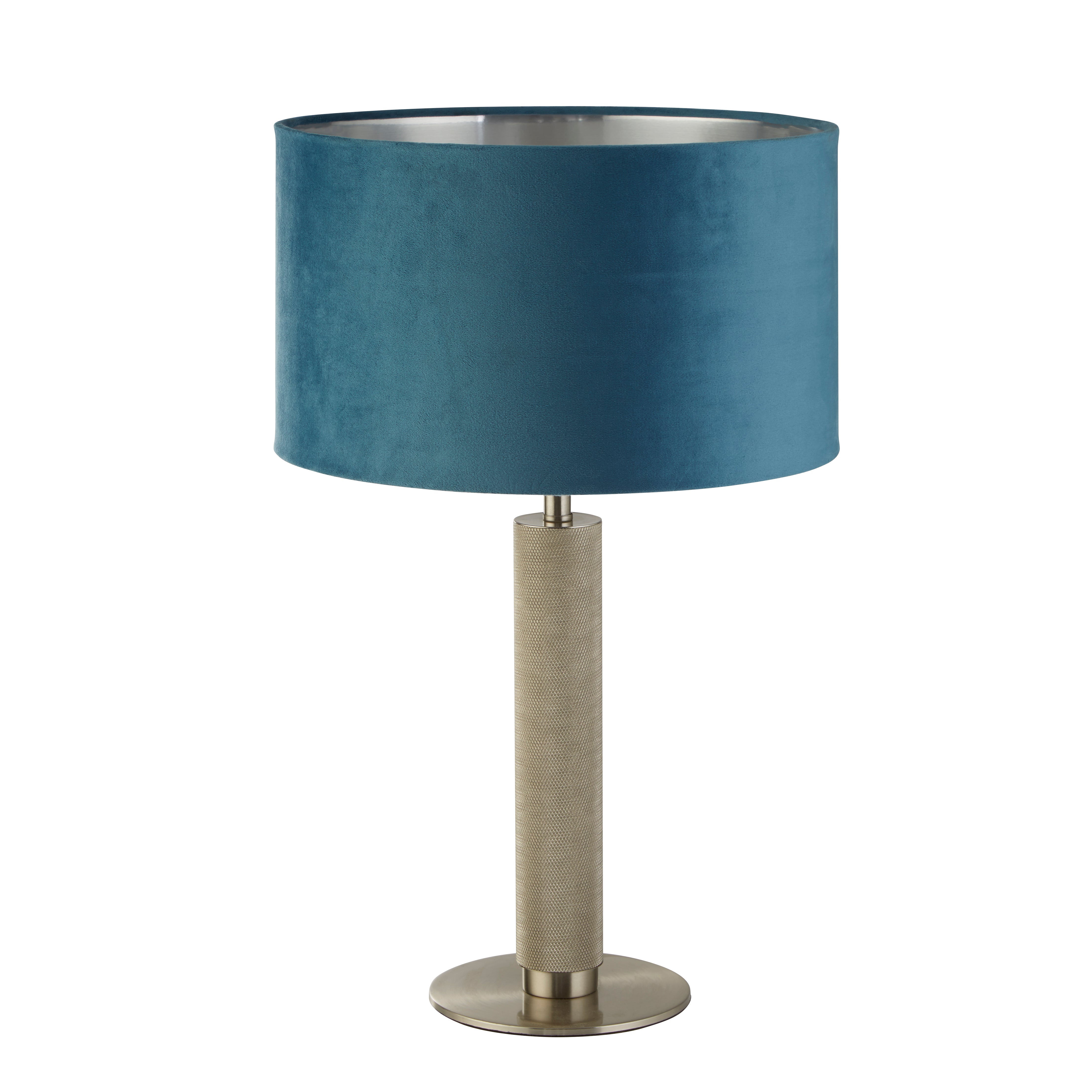 London Table Lamp - Knurled Satin Silver & Teal Velvet Shade