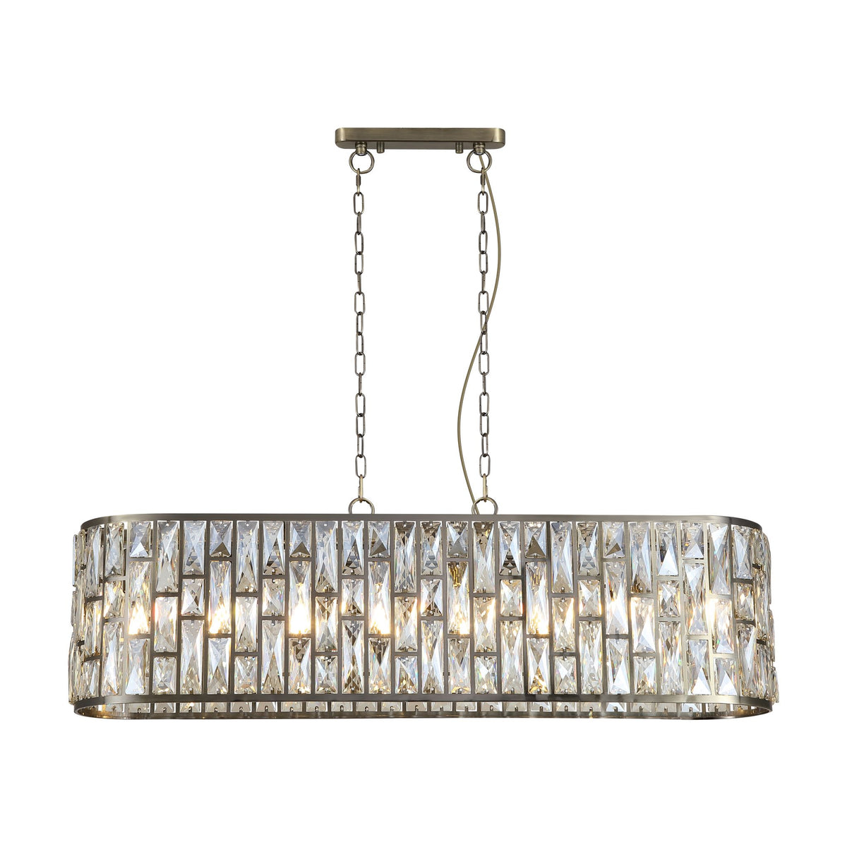 Bijou antique brass oval pendant light with glass tile panels glowing warmly