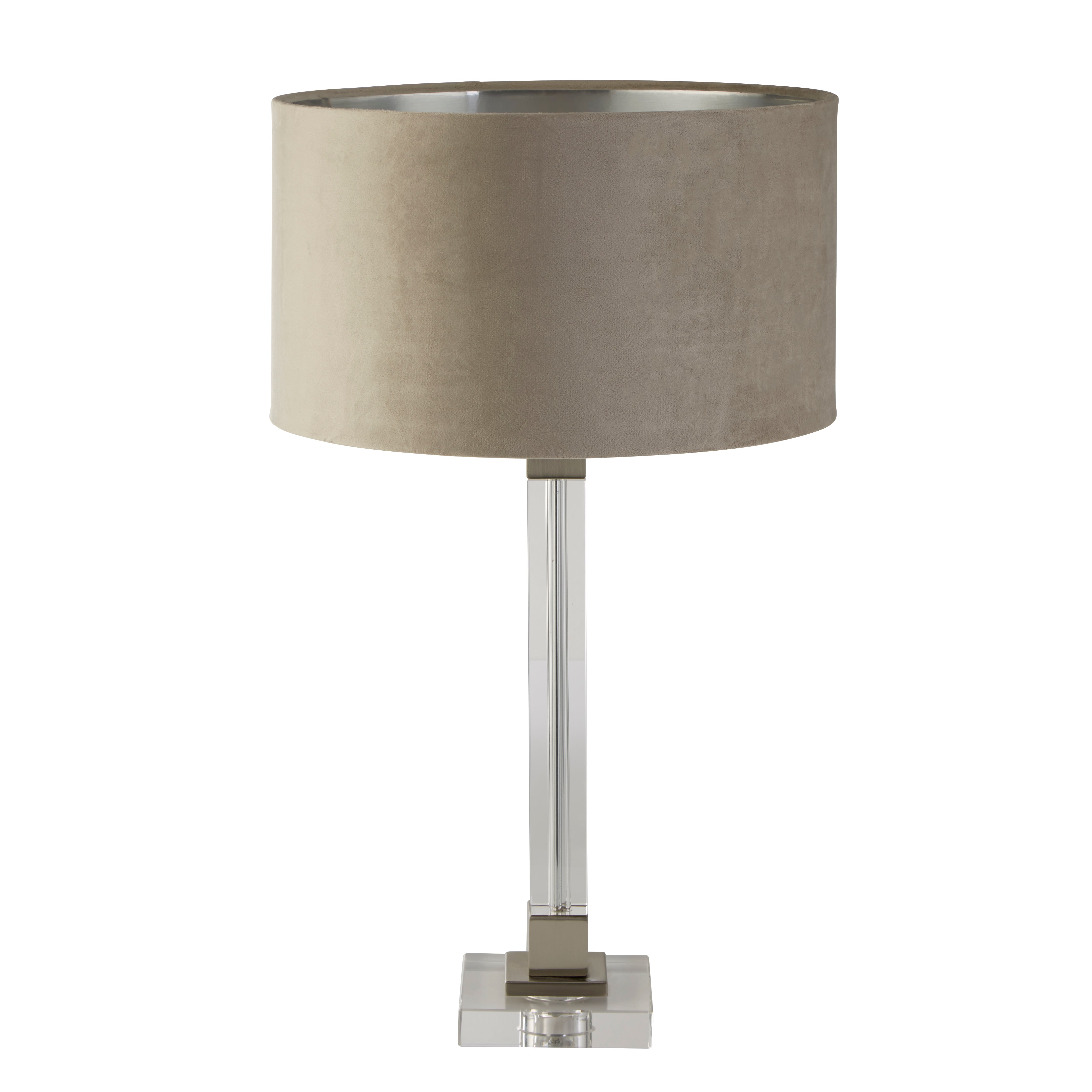 Scarborough Table Lamp-Crystal, Satin Nickel & Taupe Velvet